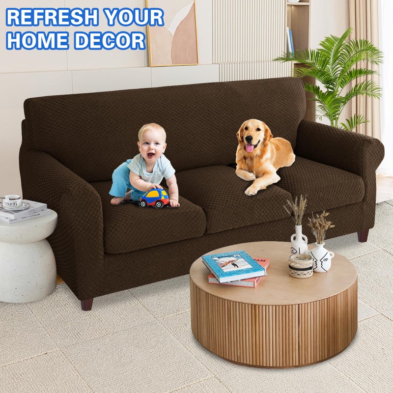 MAXIJIN 4 Piece Couch Covers for 3 Cushion Couch Super Stretch Non Slip Couch Cover for Dogs Pet Friendly Elastic Jacquard Furniture Protector Sofa Slipcovers (Sofa, Dark Coffee) - Image 2